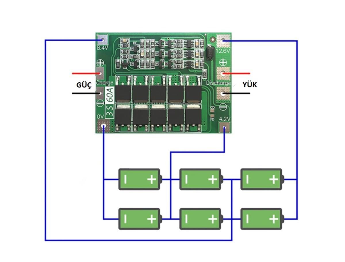 3S 60A 11,1V BMS Koruma Kartı Lityum Batarya 18650 Li-ion Lipo Protection Module - Görsel 4